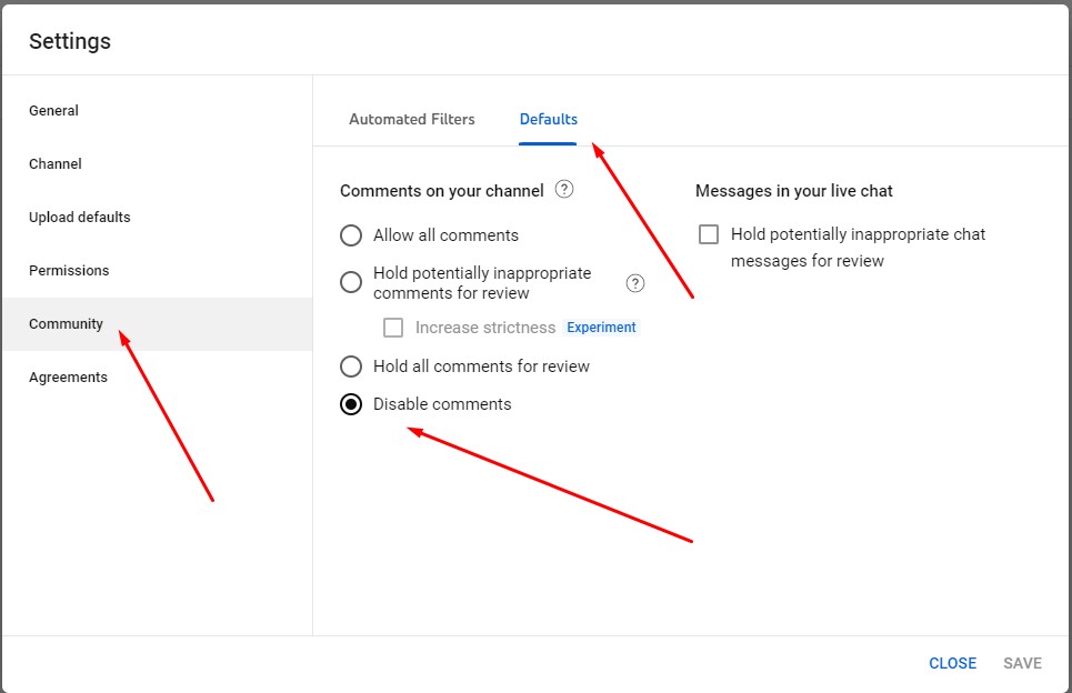 Select "Community" and then "Defaults." Then select "Disable comments." and click "Save."