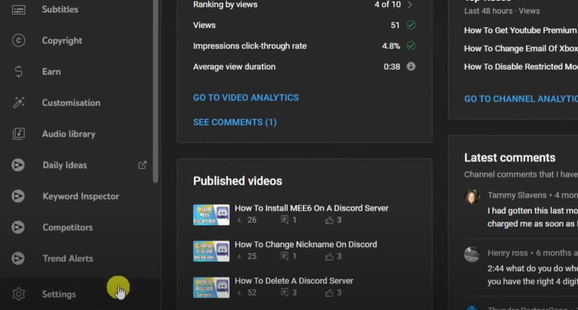 Click on "Settings" from Youtube Studio