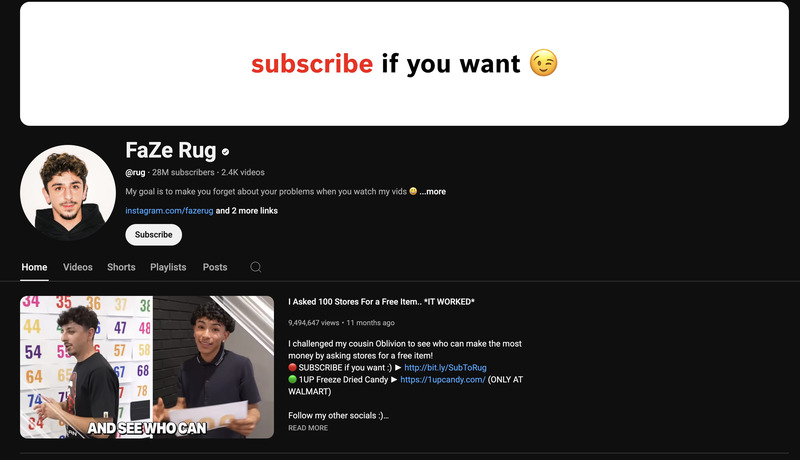 FaZe Rug known for his viral challenge videos and pranks